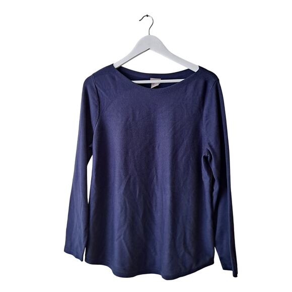 Chico's Sweater Long Sleeve Bateau Neck Shirttail Hem Navy Blue Womens Size 2 L - Picture 1 of 10
